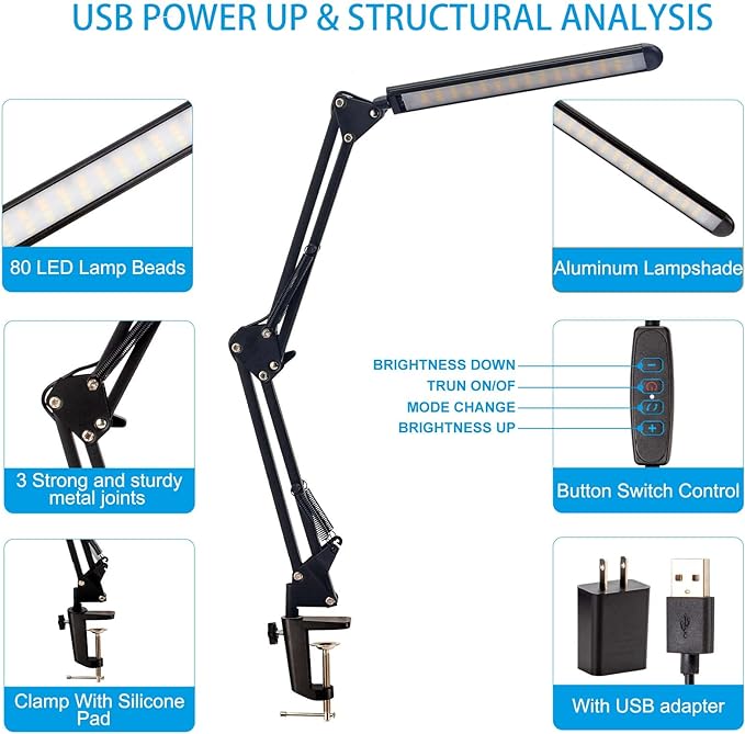 LED Desk Lamp, Metal Swing Arm Lamp, Eye-Caring Dimmable Table Lamp led,Flexible Arm Table Lamp led, 3 Color Modes, 9 Brightness Dimming Reading Light with USB Port - LeafyLoom