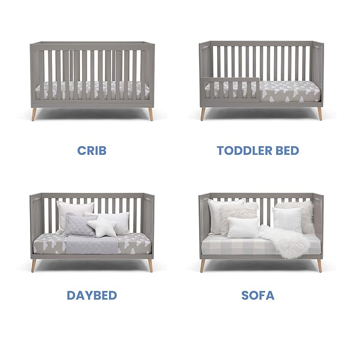 Delta Children Essex 4-in-1 Convertible Baby Crib, Grey with Natural Legs + Delta Children Twinkle Galaxy Dual Sided Recycled Fiber Core Crib and Toddler Mattress (Bundle) - LeafyLoom