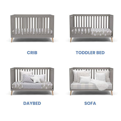 Delta Children Essex 4-in-1 Convertible Baby Crib, Grey with Natural Legs + Delta Children Twinkle Galaxy Dual Sided Recycled Fiber Core Crib and Toddler Mattress (Bundle) - LeafyLoom