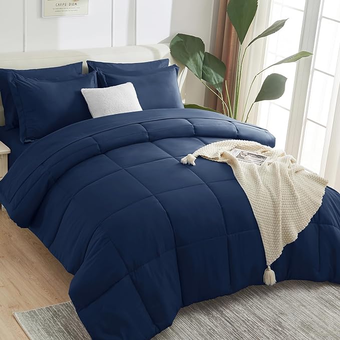 CozyLux Full Size Comforter Sets - 7 Pieces Bed in a Bag Set Navy Blue Full, Complete Bedding Sets Bed Set for All Season with Comforter, Flat Sheets, Fitted Sheet, Pillowcases & Shams - LeafyLoom