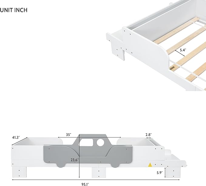 Twin Kid Bed with Headboard, Twin Bed with Footboard Bench,Wood Slat Support, Cute Kid Bed Frame with Book Storage Space, Twin Car Bed for Boys Girls Bedroom, No Box Spring Needed, White - LeafyLoom