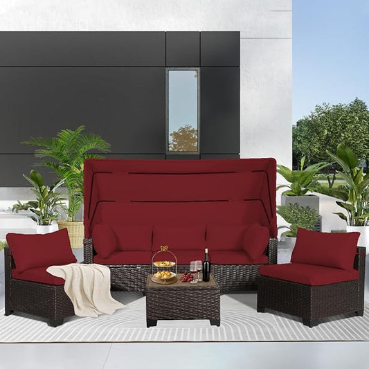 6 PCS Outdoor Patio Furniture Set,Sectional Sofa Set,Rattan Daybed with Retractable Canopy,Adjustable Backrest,Storage Coffee Table,Chaise Chair Sunbed for Porch Garden Poolside Backyard(Red) - LeafyLoom