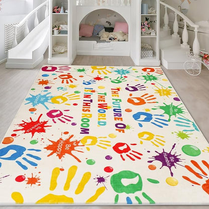 Colorful Kids Rug, Washable Rug for Kids, Handprints Area Rugs for Kids Bedroom, Non-Slip Play Mat Ultra Soft Thick Indoor Plush Rugs for Playroom Classroom Nursery Decor (78.7 X 59 INCH) - LeafyLoom