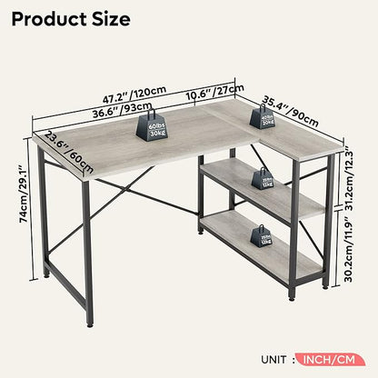 Bestier Small L Shaped Desk with Shelves 47 Inch Reversible Corner Computer Desk Writing Gaming Storage Table for Home Office Small Space, Gray Oak - LeafyLoom