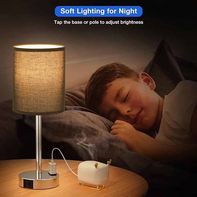 Innqoo Black Touch Bedside Lamps Set of 2-3 Way Dimmable Bedroom Lamps with USB C and A Ports and Outlets, Modern Nightstand Lamp with Silver Base, Small Table Lamps for Boy Nursery - LeafyLoom