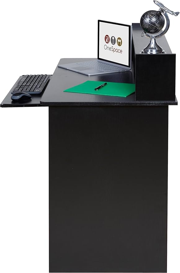 OneSpace Essential Computer Desk, Hutch with Pull-Out Keyboard, Black - LeafyLoom