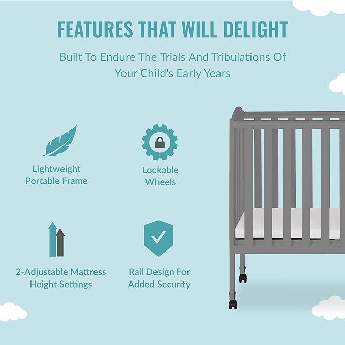 2-in-1 Portable Folding Stationary Side Crib in Storm Grey, Greenguard Gold Certified, Two Adjustable Mattress Height Positions,Made of Solid Pinewood, Flat Folding Crib - LeafyLoom