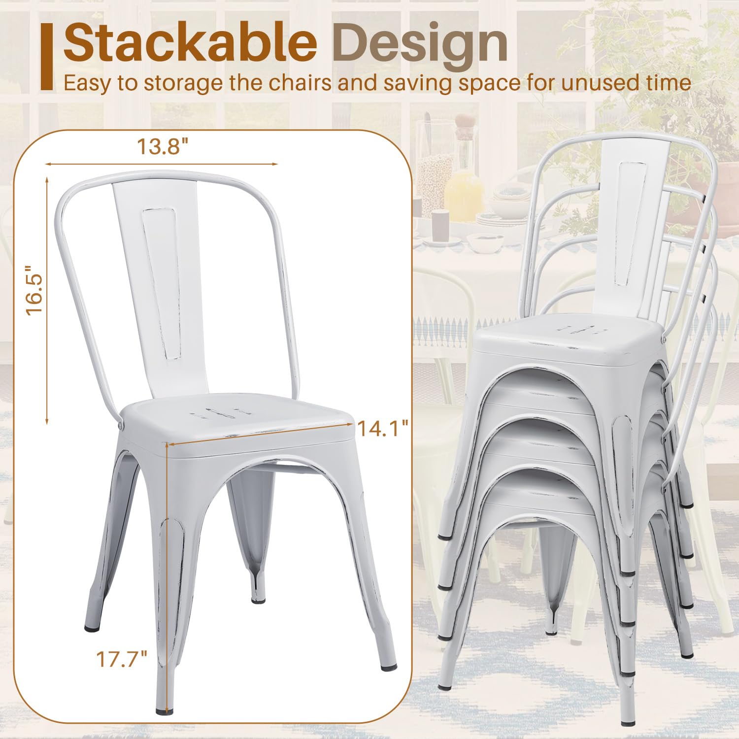 Furmax Metal Dining Chair Indoor Outdoor Use Stackable Chic Side Classic Trattoria Metal Chairs Set of 4 for Kitchen, Dining Room, Bistro and Cafe (Distressed White) - LeafyLoom