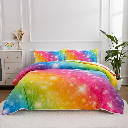 Holawakaka Girls Ombre Glitter Comforter Set, Twin Size Gradient Rainbow Galaxy Print Kids Bedding Sets, Multi-Color Ultra-Soft Dorm Bed Set (Multi-color,Twin) - LeafyLoom