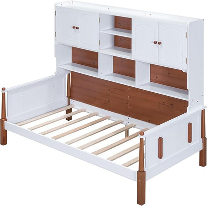 Twin Size Platform Bed with Multiple Storage, No Box Spring Required,Easy to Assemble,Wood Bed Frame for Bedroom/Apartment/Guest-Room,White+Walnut - LeafyLoom