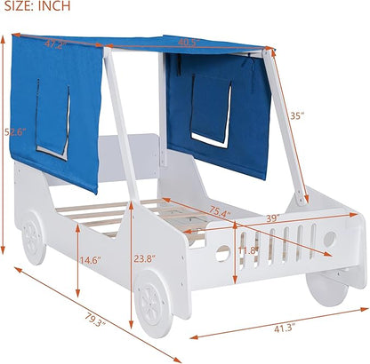 Full Size Race Jeep Car Bed Platform Bed with Tent Canopy and Wheels,Wood Bed Frame W/Raised Bed Design,for Kids Boys Girls Teens,White - LeafyLoom