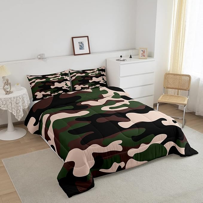 Feelyou Full Size Camouflage Comforter Set 3Pcs Kids Bedding Set for Boys Girls Teens 1 Comforter & 2 Pillowcases(Full,Army Green) - LeafyLoom