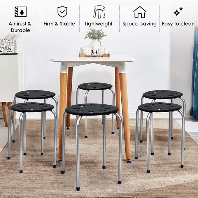 Hysache Plastic Stackable Stools Set of 6, 17.5inch Multipurpose Stool Chairs w/Metal Frame, X-Shape Connection, Non-Slip Feet, Backless Nesting Stool for Garden, Living Room, Home (Gray) HW64245 - LeafyLoom