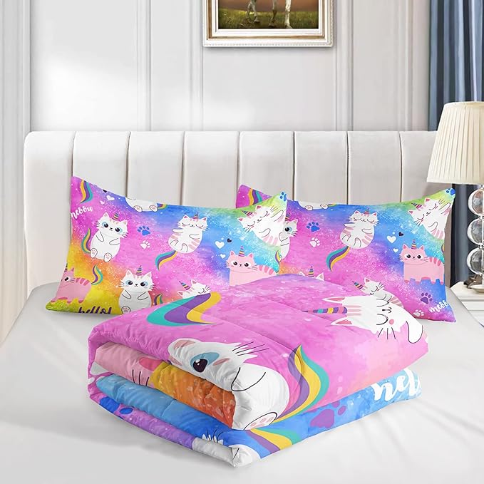 Axolotl Cat Bedding Twin Cartoon Cat Comforter Set,Rainbow Printed Kids Bedding Set for Girls Kids Adults Teens,Kids Comforter Set All Season,1 Quilt 2 Pillow Cases,Colorful Pink Blue - LeafyLoom