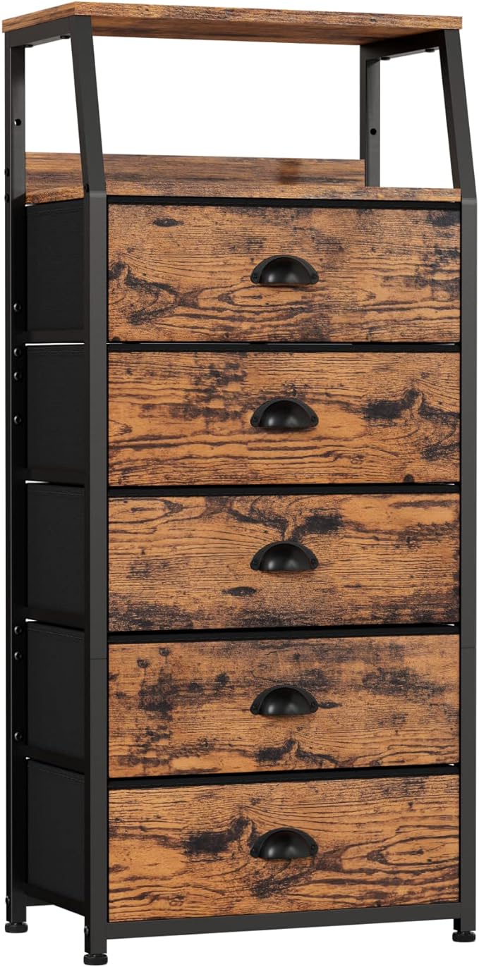 Furnulem Tall 5 Drawers Dresser, Vertical Storage Tower Fabric Dresser for Bedroom, Hallway, Entryway, Nursery, Closet Organizer, Nightstand Bedside Table Furniture, Sturdy Steel Frame, Wood Top - LeafyLoom