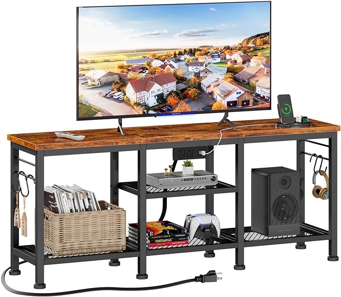 Furologee TV Stand with Power Outlets, Entertainment Center with Open Storage Shelves for TVs up to 55 Inch, TV Media Console Table with Soundbar Shelf for Living Room, Bedroom, Rustic Brown - LeafyLoom