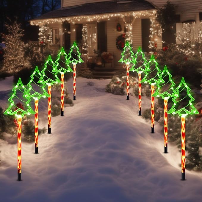 Solar Christmas Pathway Lights Outdoor Decorations, 8 Modes Xmas Tree Candy Lights Waterproof Led Garden Stake Lights for Walkway Yard Lawn Porch Holiday Decor 5-Pack (Red Green Xmas Tree Lights) BRIGHTDECK