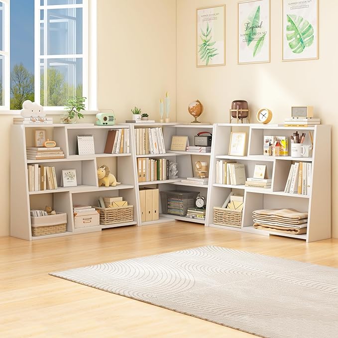 IOTXY Wooden Extendable Shelf Bookcase - 3-Tier Ladder Low Short Bookshelf for Small Space or Corner, White, L - LeafyLoom