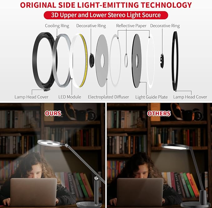 LED Desk Lamp for Home Office - Natural Eye-Caring Table Light, Adjustable Metal Swing Arm with 18W Dimmable Bright Reading Task Lampara Memory Function Black - LeafyLoom