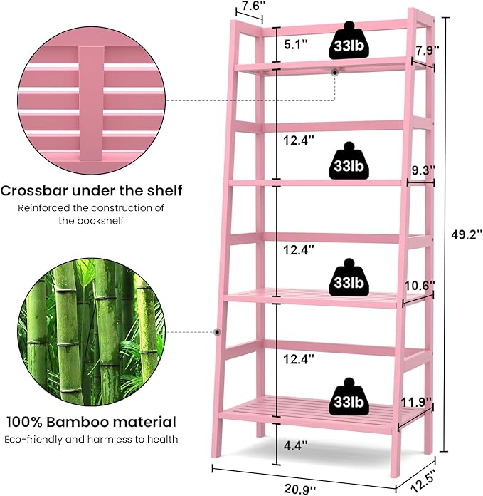 Homykic Bamboo Ladder Bookshelf, 4-Tier Ladder Shelf Open Book Shelf Freestanding Bookcase Bathroom Storage Rack Plant Stand for Living Room, Bedroom, Office, Easy Assembly, Pink - LeafyLoom