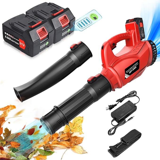 21V Electric Leaf Blower Cordless, 6000mAh 2 Battery Powered Leaf Blower 6-Speed Variable Control, Rechargeable Blowers Cordless for Lawn Care 2 Section Tubes, Charger, Shoudler Strap - LeafyLoom