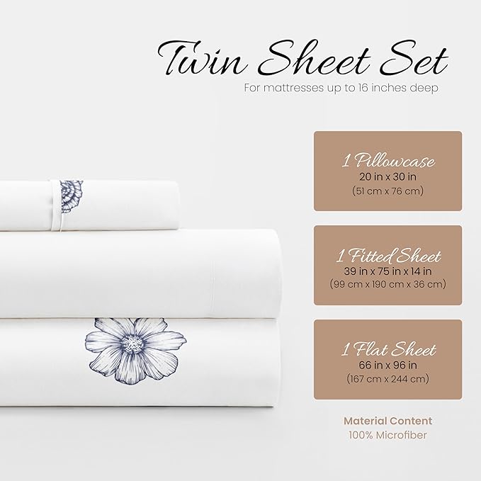 Linen Market 3 Piece Twin Bedding Sheet Set (Navy Blue Flowers) - Sleep Better Than Ever with These Ultra-Soft & Cooling Bed Sheets for Your Twin Size Bed - Deep Pocket Fits 16" Mattress - LeafyLoom