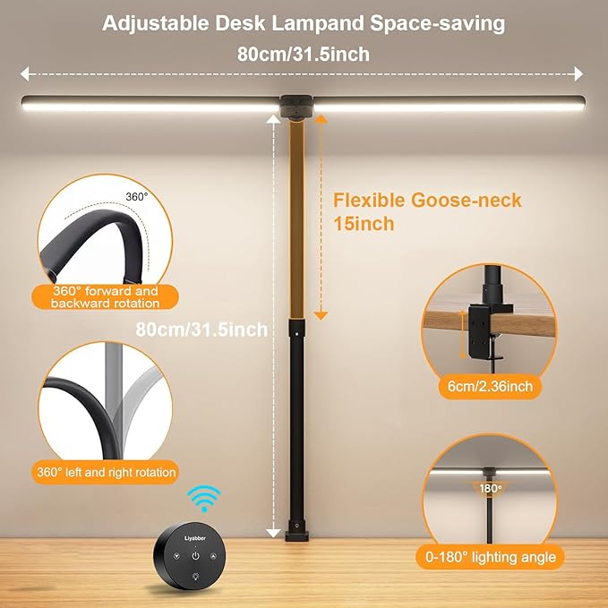 Double Head Desk Lamp LED Dimmable with Touch Remote Control, 80cm Architect Desk Light with Clamp, 24W Adjustable Gooseneck Office Light Monitor Light, 25 Lighting Modes for Study Reading, Black - LeafyLoom