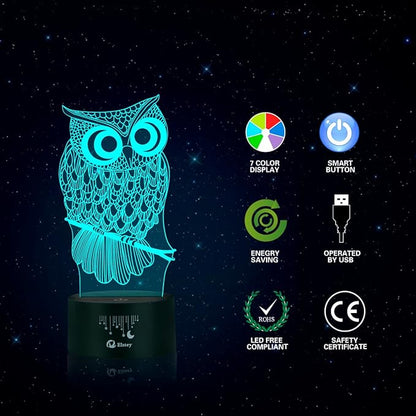 Elstey Owl 3D Illusion Lamp, 7 Color Changing Touch Table Desk LED Night Light Great Kids Gifts Home Decoration - LeafyLoom