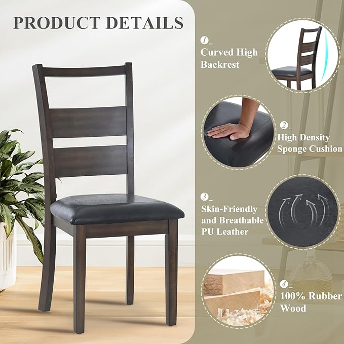 COLAMY Upholstered Dining Chairs Set of 6, PU Leather Dining Room Kitchen Side Chair with Ladder High Back and Adjustable Foot Pegs - Dark Brown - LeafyLoom