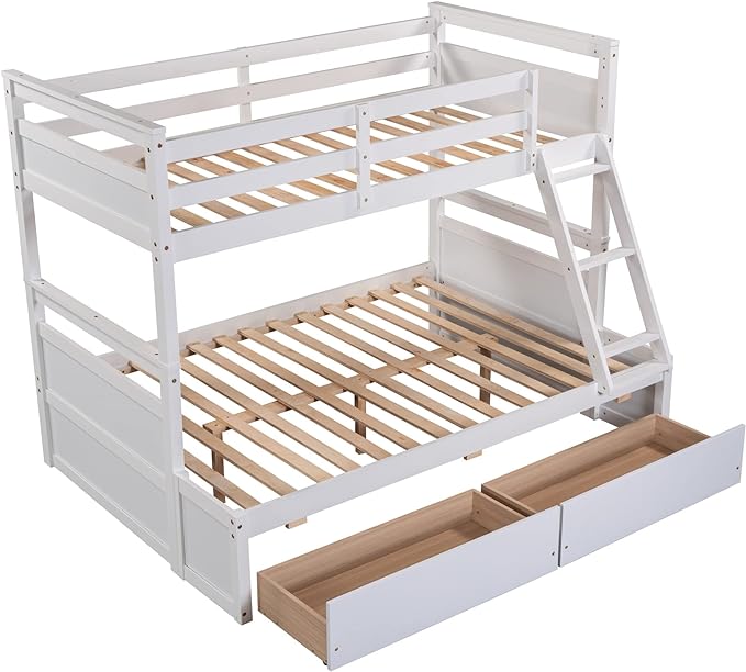 Bunk Bed Frame, Twin Over Full Bunk Bed with Safety Guardrail, Staircase and 2 Underbed Storage Drawers, Ideal Bed Frame for Kids Teens Girls Boys, Space Saving Bedroom Furniture, White - LeafyLoom