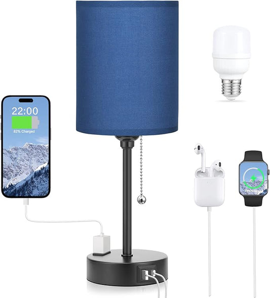 Blue Table Lamps 3 Color Temperatures - 2700K 3500K 5000K Bedside Lamps with USB C and A Ports, Pull Chain Lamps for Bedrooms with AC Outlet, Nightstand Lamps with Black Metal Base for Kids Boys - LeafyLoom