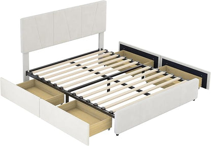 Full Size Upholstered Platform Bed Frame with 4 Storage Drawers and Adjustable Headboard, Wooden Slats Support, No Box Spring Needed, Beige - LeafyLoom