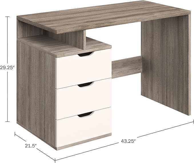 Lavish Home Contemporary Desk with Attached 3-Drawer File Cabinet for Home Office, Bedroom, Computer, or Craft Table, 43-Inch Long, White and Natural - LeafyLoom