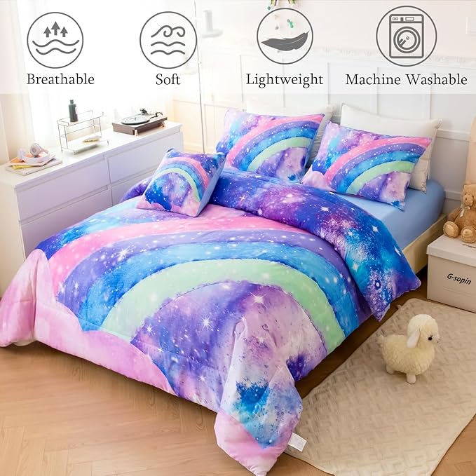 Tie Dye Blue Teens Comforter Set Queen for Girls, 3D Rainbow Gradient Glitter Bed in A Bag, 6 Pieces Twinkle Nebula Comforter Kids Bedding Set for All Season - LeafyLoom