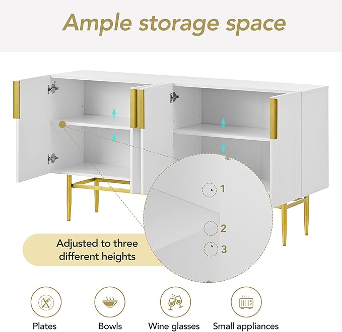 60" Modern 4-Door Elegant Sideboard with Gold Metal Handles and Legs,Storage Buffet Cabinet,W/Adjustable Shelves & Open Countertop,Console Table for Dining Living Room Hallway,White - LeafyLoom