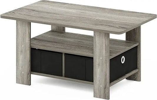 Furinno Andrey Coffee Table with Bin Drawer, French Oak Grey/Black - LeafyLoom