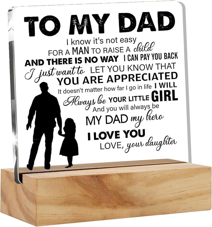 Father Gift Dad Gifts From Daughter, to My Dad My Hero Quote Desk Decor Acrylic Desk Plaque Sign with Wood Stand Home Office Desk Sign Keepsake Present - LeafyLoom