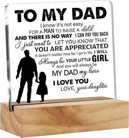 Father Gift Dad Gifts From Daughter, to My Dad My Hero Quote Desk Decor Acrylic Desk Plaque Sign with Wood Stand Home Office Desk Sign Keepsake Present - LeafyLoom