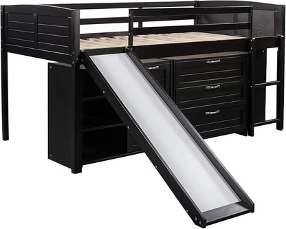 Twin Size Loft Bed with Slide and Storage Cabinets, Low Loft Bed Frame with Shelves for Kids and Teens, Wooden Loft Beds for Bedroom Guestroom, No Box Spring Needed, Espresso - LeafyLoom