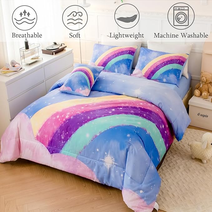 Aqua Blue Full Size Kids Comforter Sets for Girls, 6Pcs Colorful Rainbow Gradient Bedding Set, 3D Glitter Galaxy Bed in A Bag with Comforter, Sheets and Pillowcases for Teens - LeafyLoom