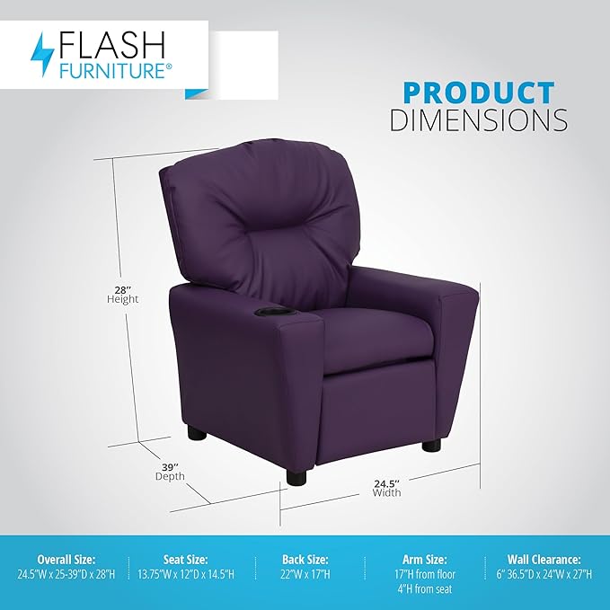 Flash Furniture Chandler Vinyl Kids Recliner with Cup Holder and Safety Recline, Contemporary Reclining Chair for Kids, Supports up to 90 lbs., Purple - LeafyLoom