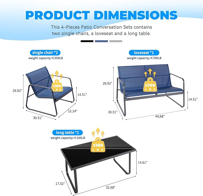 4 Pieces Patio Furniture Set Outdoor Patio Conversation Sets Poolside Lawn Chairs with Glass Coffee Table Porch Furniture for Courtyard, Garden and Balcony (Blue) - LeafyLoom