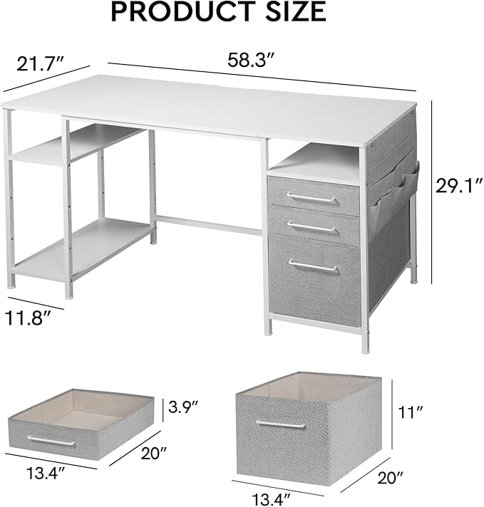 Ｍａｉｈａｉｌ Home Office Desk with Drawers and Adjustable Shelves, 59 inch Long Writing Desk with File Cabinet, Large Computer Desk with Storage, Vintage, White - LeafyLoom