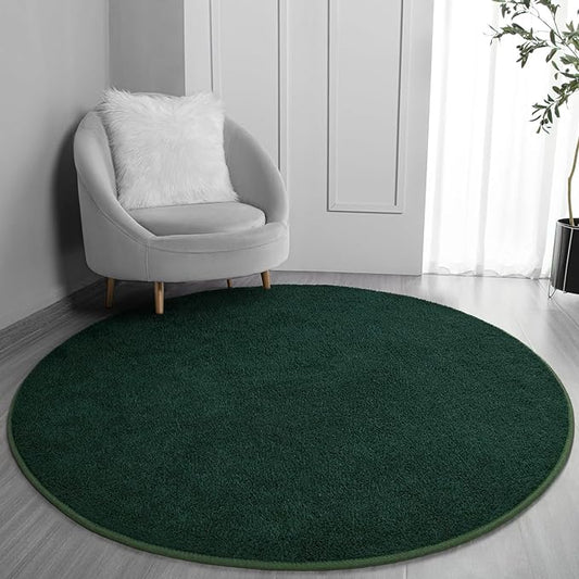 Round Area Rugs for Bedroom Living Room, 6x6 Dark Green Super Soft Comfy Thickened Memory-Foam Indoor Circle Carpet, Modern Aesthetic Minimalist Carpet for Boys Girls Adults Nursery Home Décor - LeafyLoom