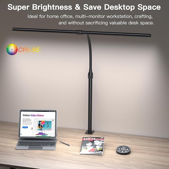 Desk Lamp for Home Office, Desk Light with Remote Control, Monitor Light with Telescopic Rod, Gesture Sensing Office Lamp, Architect Desk Lamp, Adjustable Brightness & Color Temperature, 24W - LeafyLoom