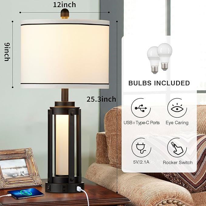 25" Modern Table Lamps Set of 2, Industrial Beside Lamps with USB A+C Charging Ports & AC Outlet, Nightstand Lamp with Glass Night Light for Living Room Bedroom End Table Decor White(4 Bulbs Included) - LeafyLoom