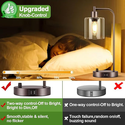 Brown Industrial Table Lamp with 2 USB Charging Ports, Fully Stepless Dimmable Modern Nightstand Lamp, Glass Shade Bedside Desk Lamp for Bedroom Living Room Office, 6W 2700K LED Edison Bulb Included - LeafyLoom