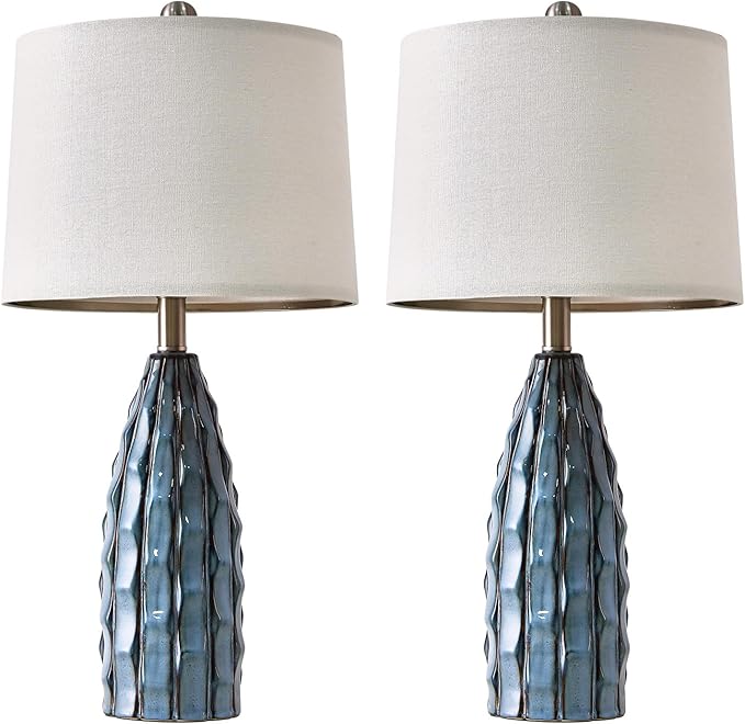 23.75" Modern Blue Ceramic Lamps Set of 2 for Living Room Study Room Office Dorm Farmhouse Nightstand, End Table Lamps - LeafyLoom