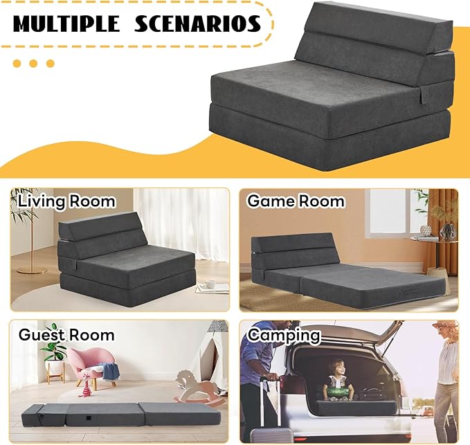 jela Sofa Bed Foldable Mattress Luxury Miss Fabric, Folding Sleeper Sofa Chair Bed Floor Mattress Floor Couch, Fold Out Couch Futon Mattress for Guest Room, Living Room (83"x33",Dark Gray) - LeafyLoom