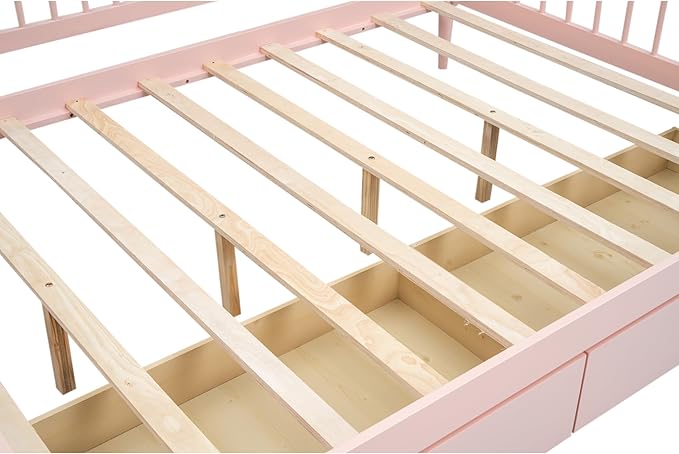 Full Size Daybed with Two Drawers,Solid Wood Storage Bed Frame W/Wooden Slat Support,Guide Rail Design on Three Sides,Easy to Assemble,for Bedroom Living Room,Pink - LeafyLoom